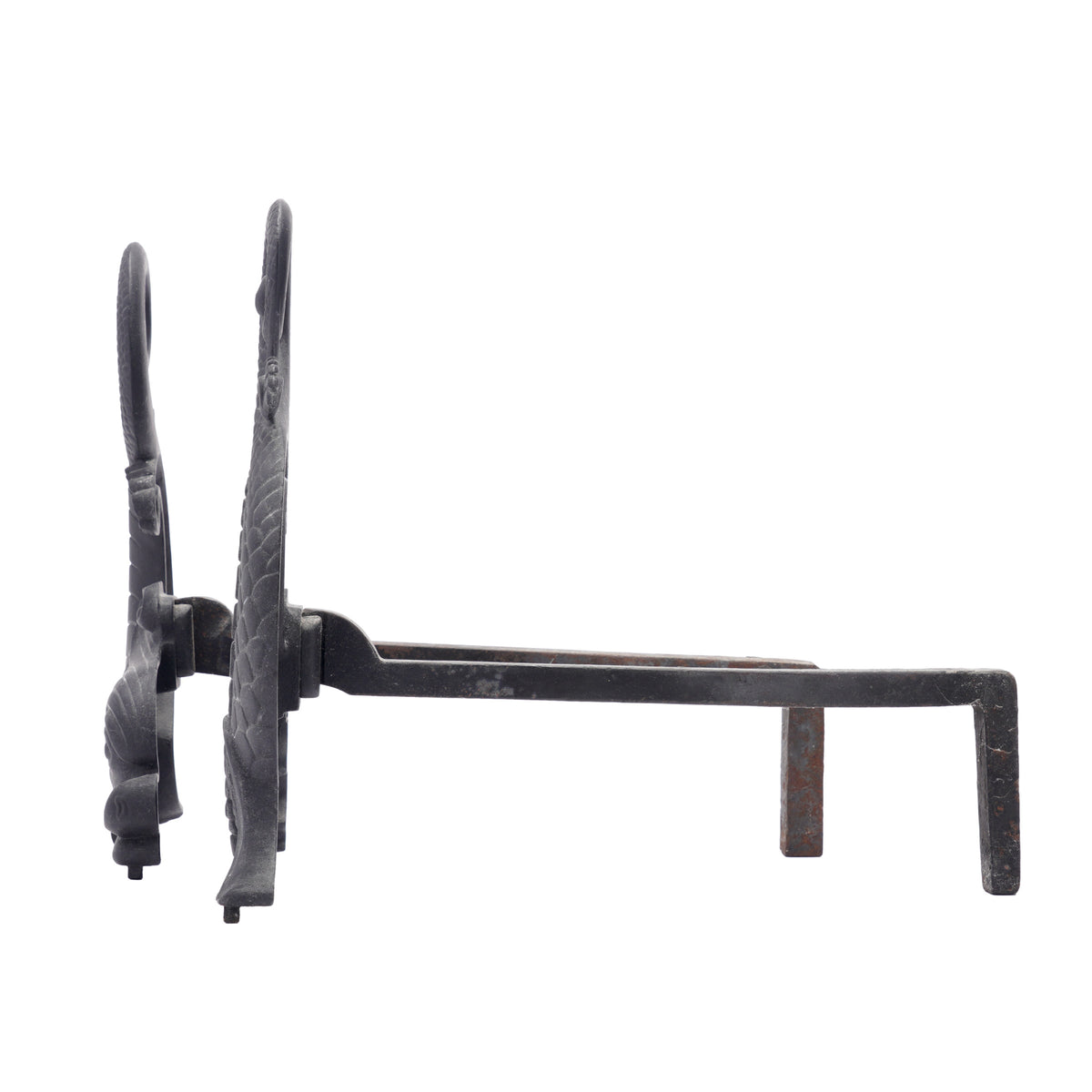 Pair of Bradley & Hubbard cast iron dolphin form andirons, c. 1900