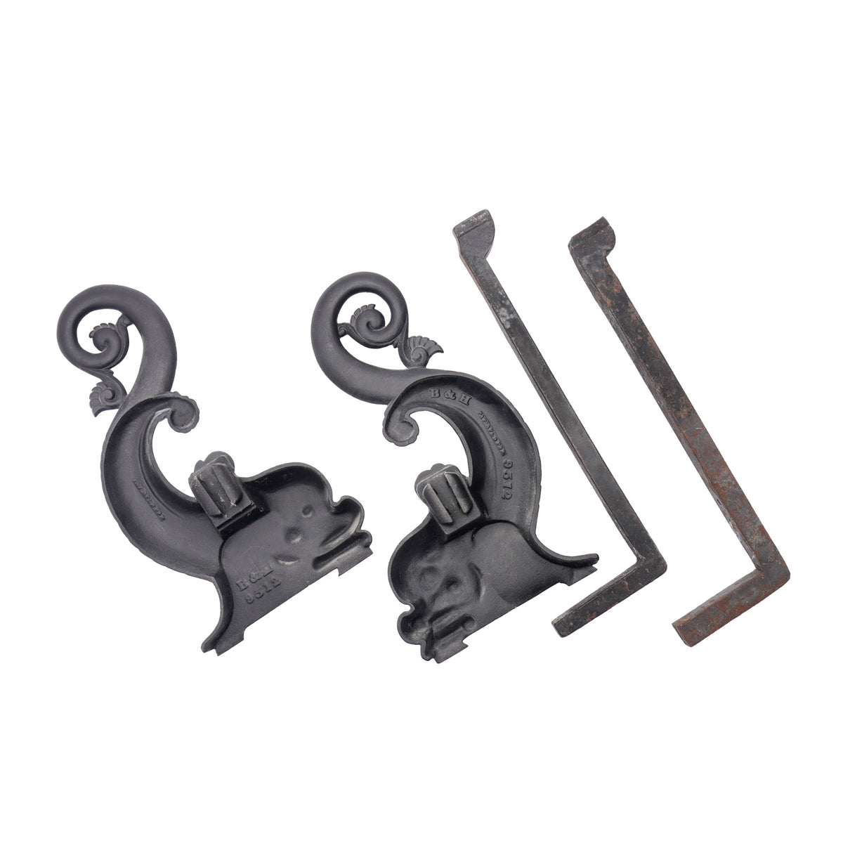 Pair of Bradley & Hubbard cast iron dolphin form andirons, c. 1900