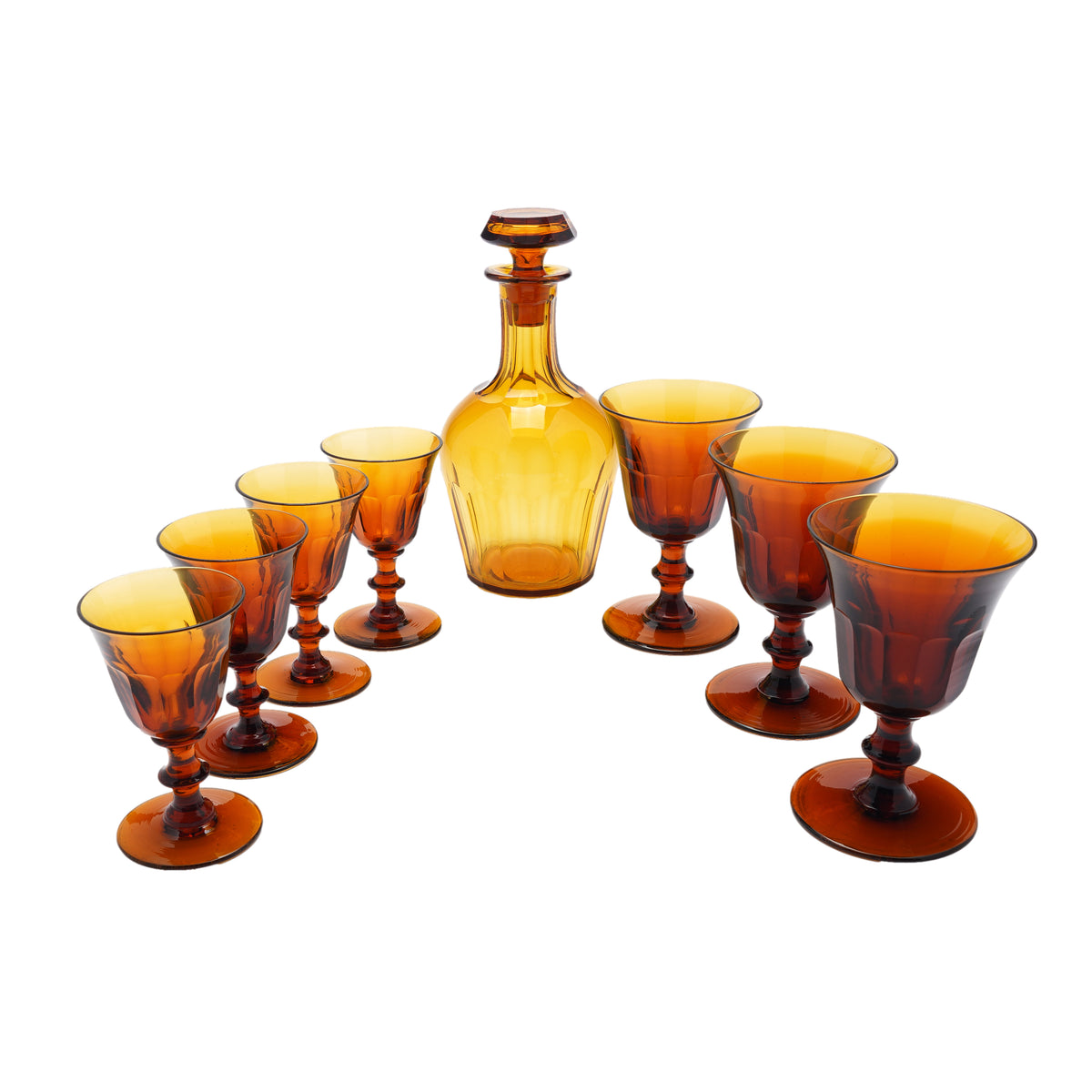 Set of amber glass stemware with decanter, 1830's