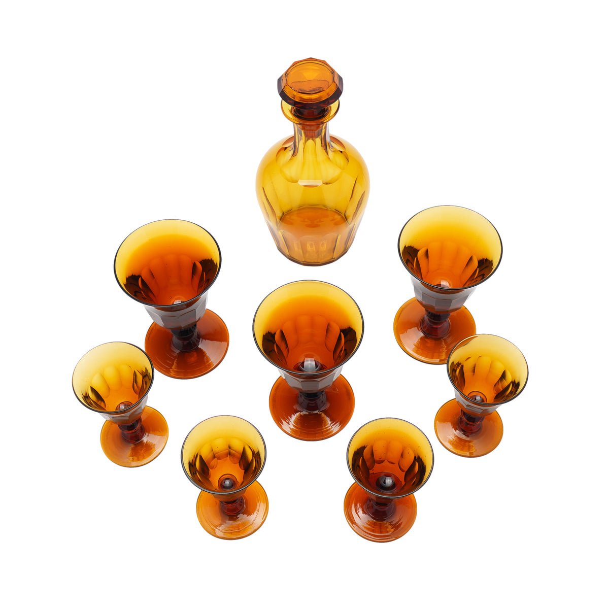 Set of amber glass stemware with decanter, 1830's