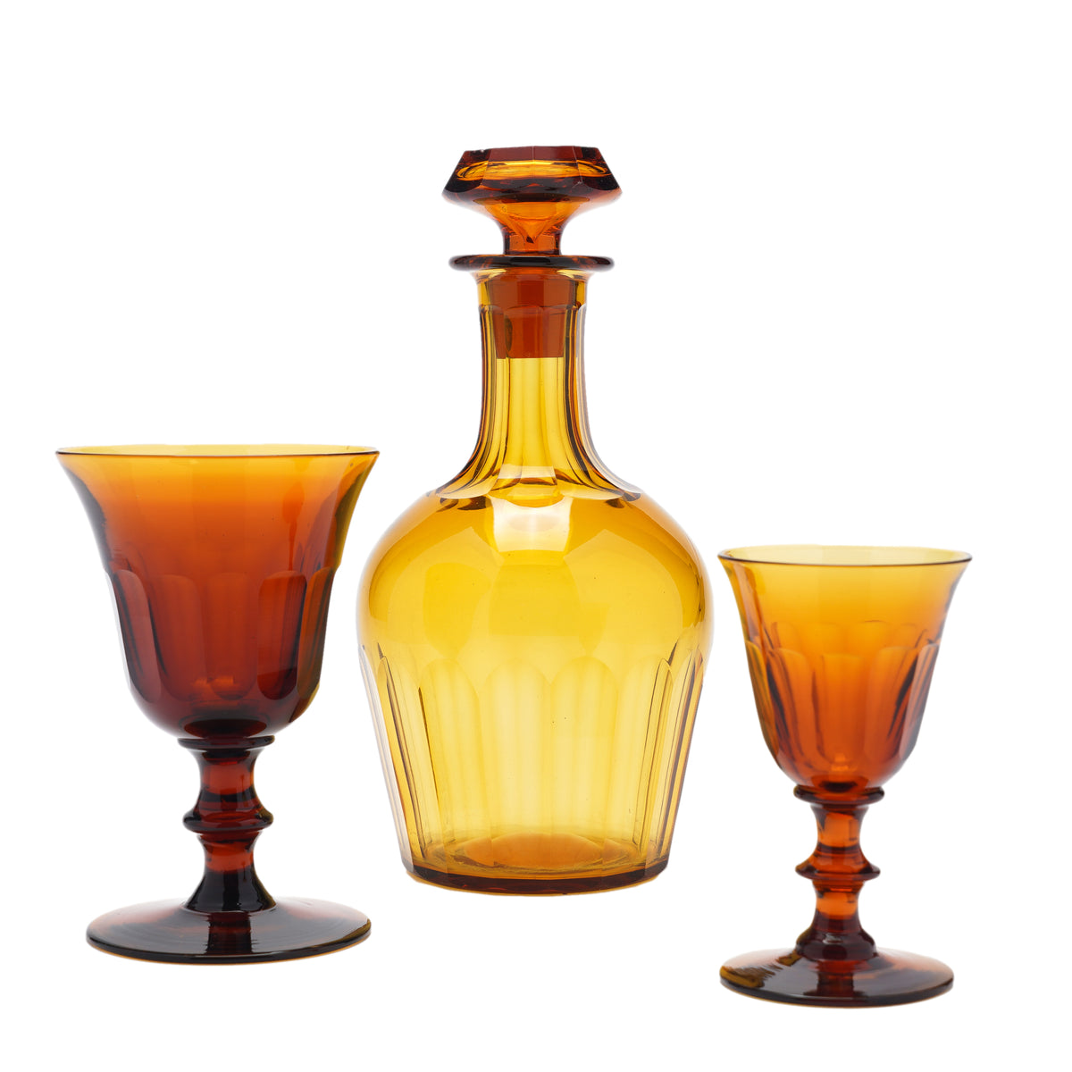 Set of amber glass stemware with decanter, 1830's