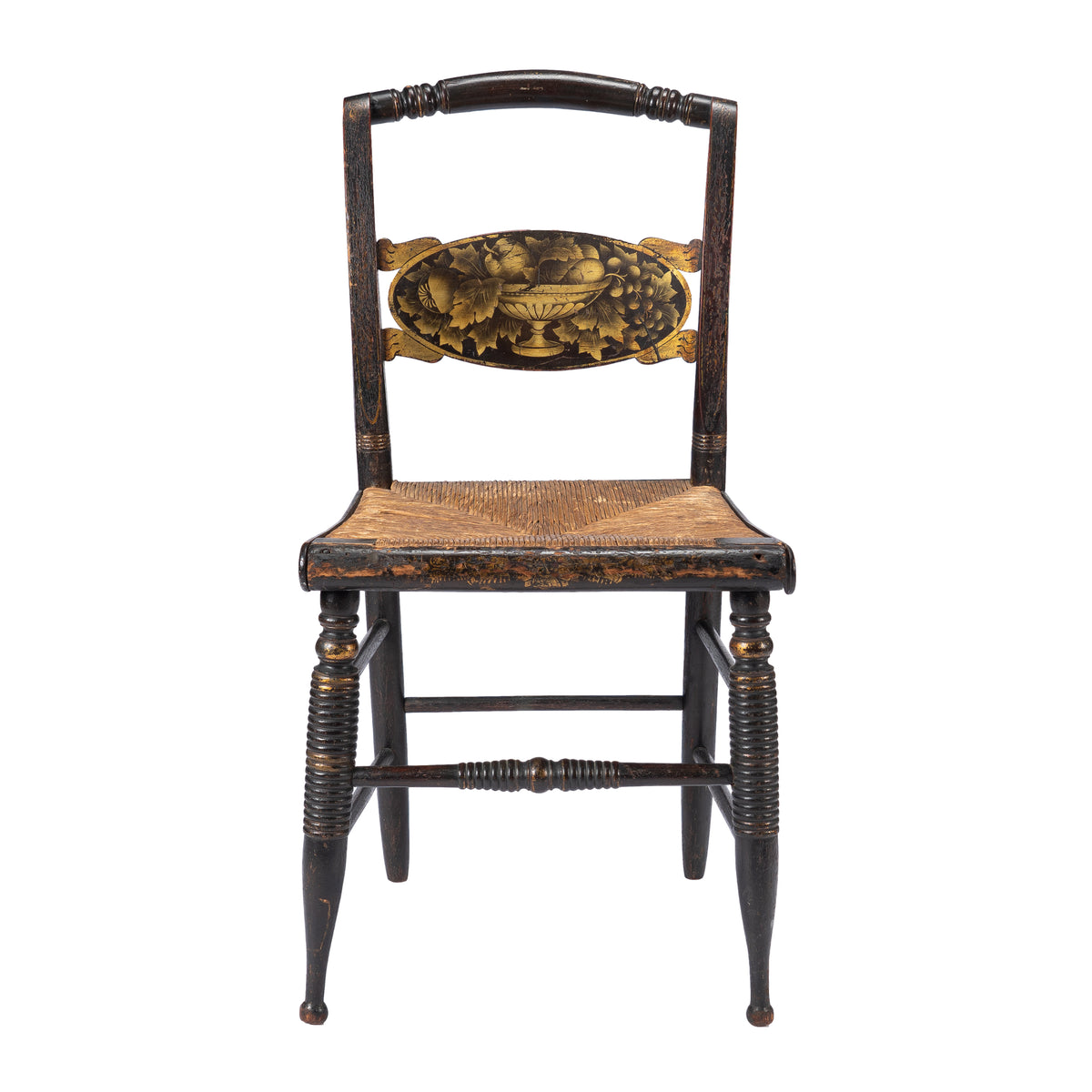 Upper Connecticut Valley Hitchcock-type painted turtle-back rush seat side chair, circa 1820-30
