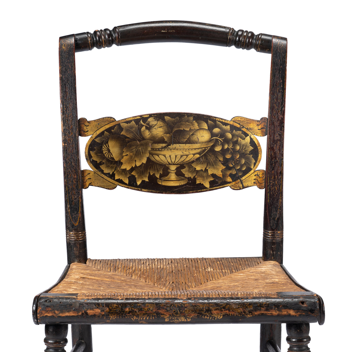 Upper Connecticut Valley Hitchcock-type painted turtle-back rush seat side chair, circa 1820-30