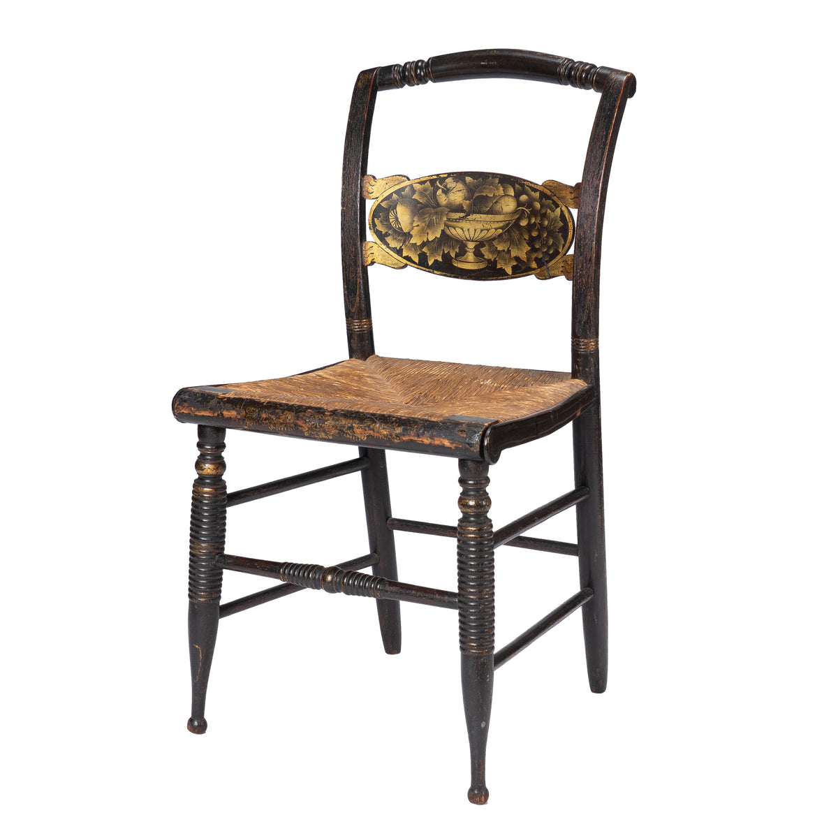 Upper Connecticut Valley Hitchcock-type painted turtle-back rush seat side chair, circa 1820-30