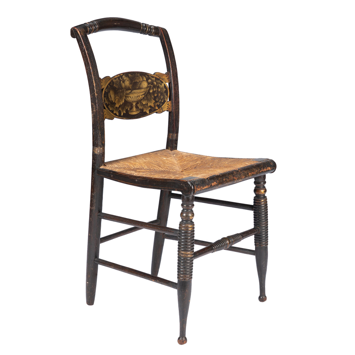 Upper Connecticut Valley Hitchcock-type painted turtle-back rush seat side chair, circa 1820-30
