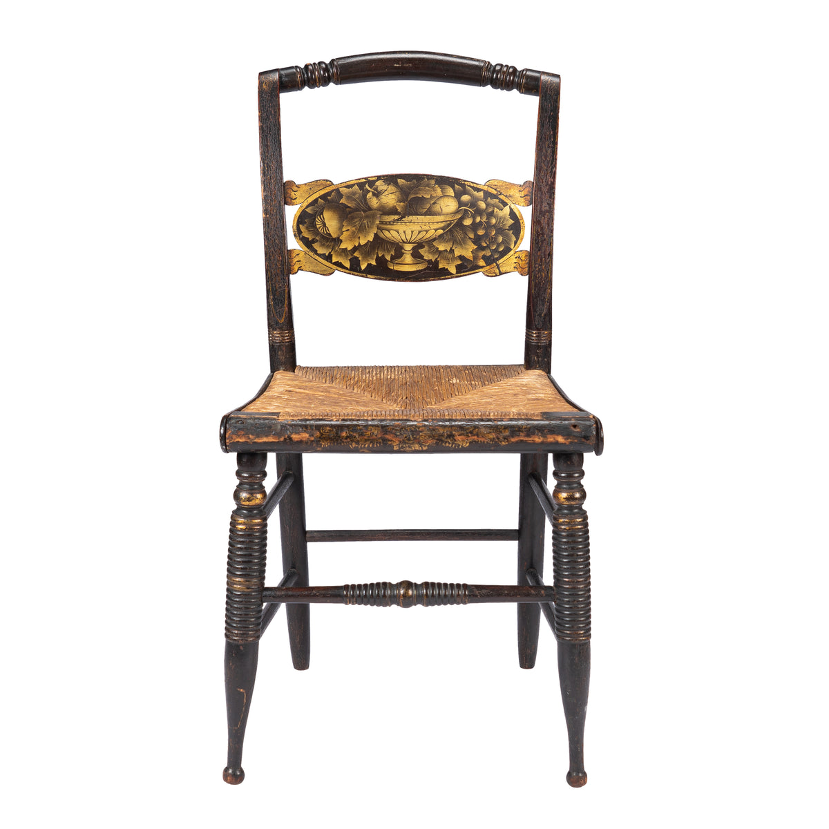 Upper Connecticut Valley Hitchcock-type painted turtle-back rush seat side chair, circa 1820-30