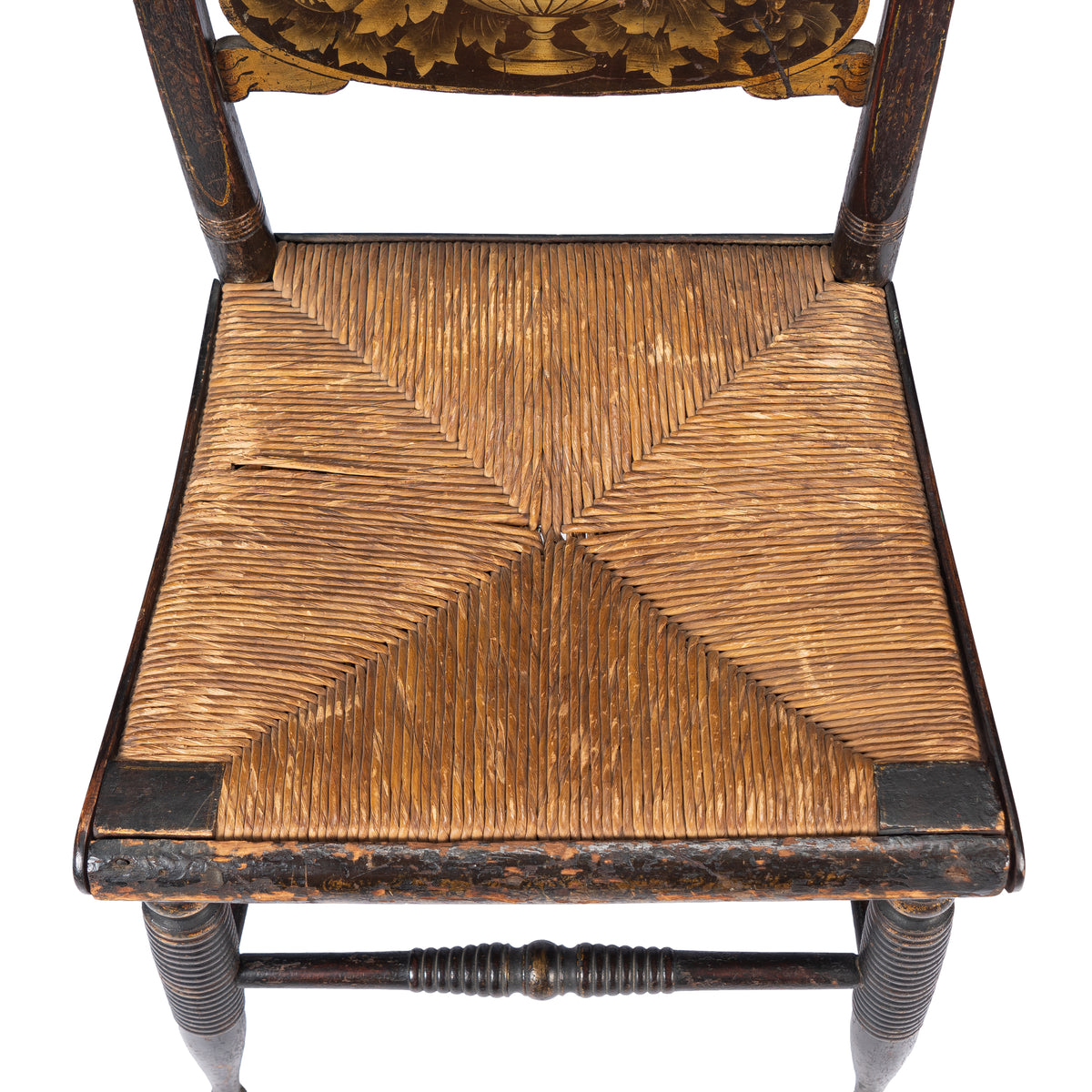 Upper Connecticut Valley Hitchcock-type painted turtle-back rush seat side chair, circa 1820-30
