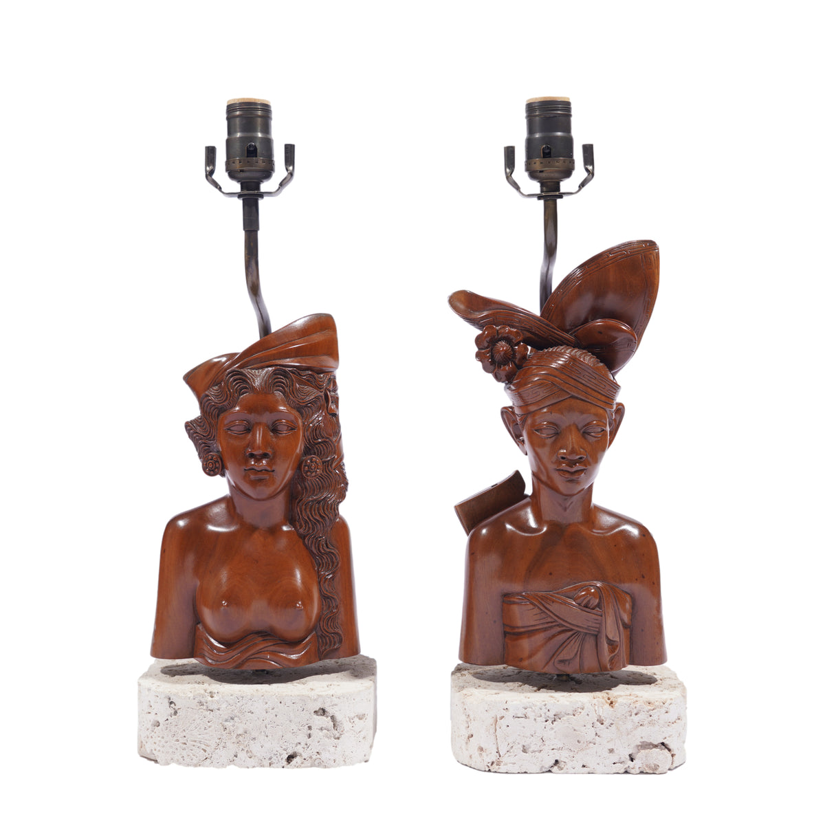 Balinese carved Klungkung wood bust lamps, 1920-40