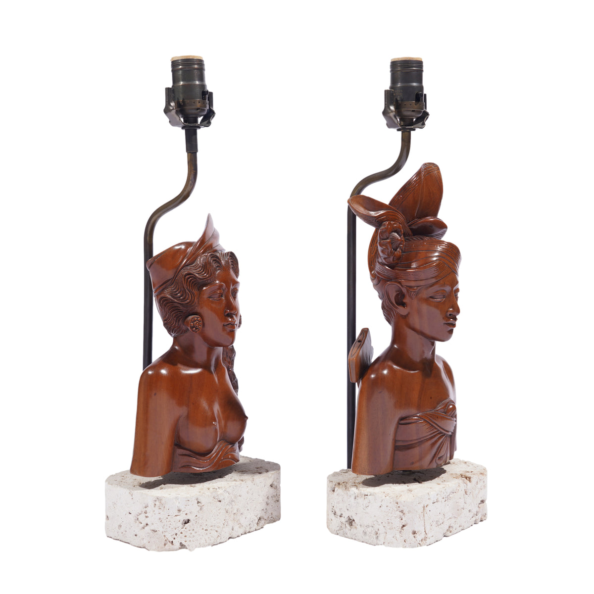 Balinese carved Klungkung wood bust lamps, 1920-40