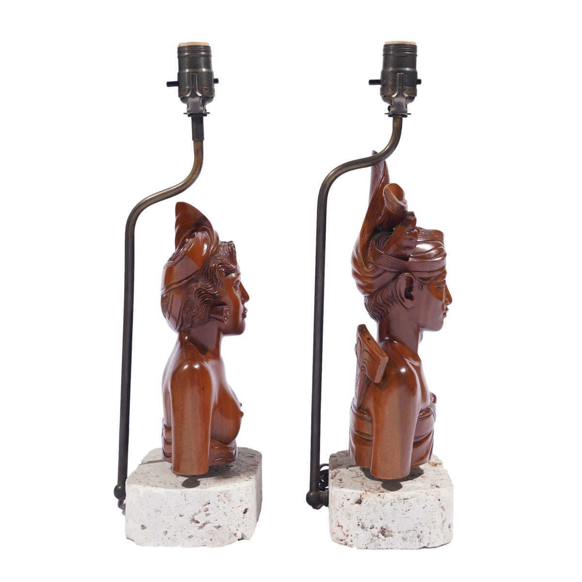 Balinese carved Klungkung wood bust lamps, 1920-40