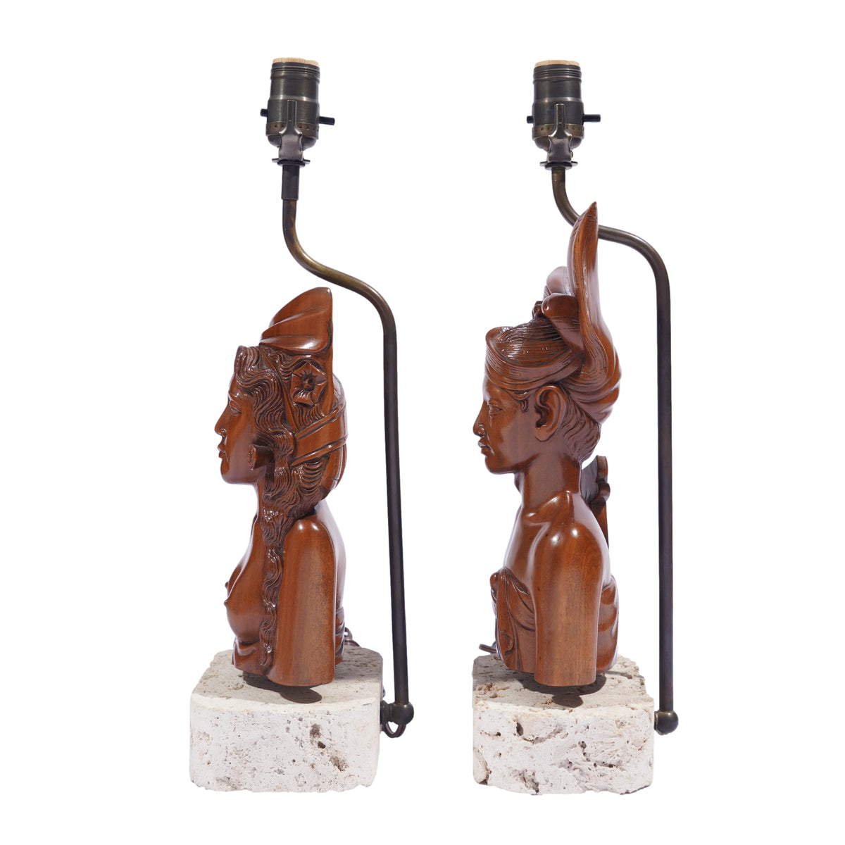 Balinese carved Klungkung wood bust lamps, 1920-40