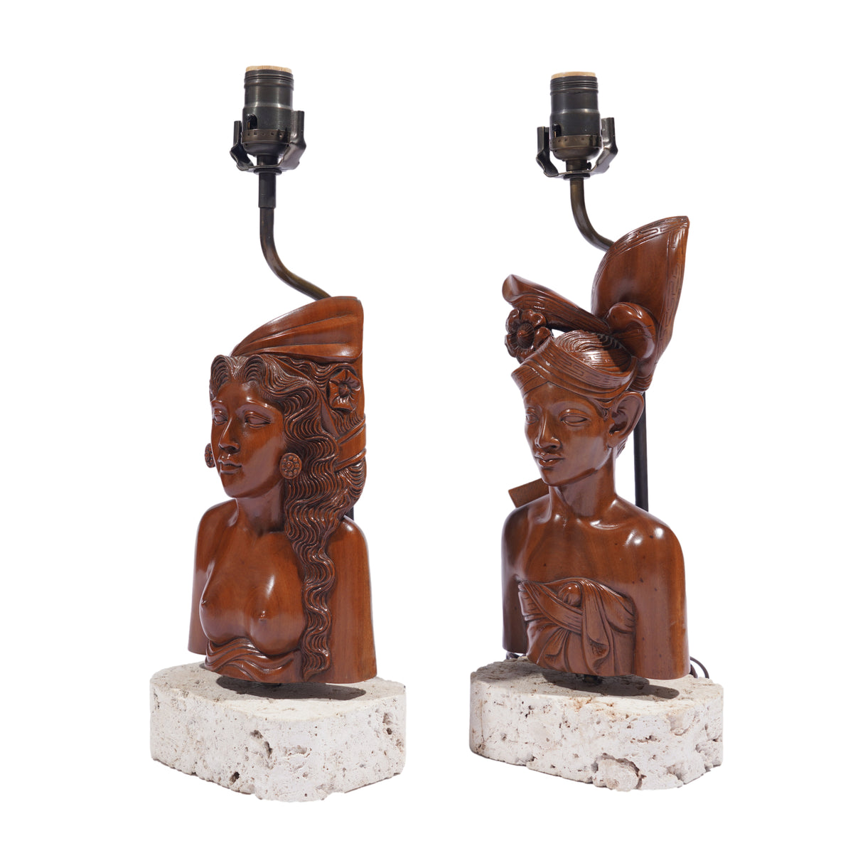 Balinese carved Klungkung wood bust lamps, 1920-40