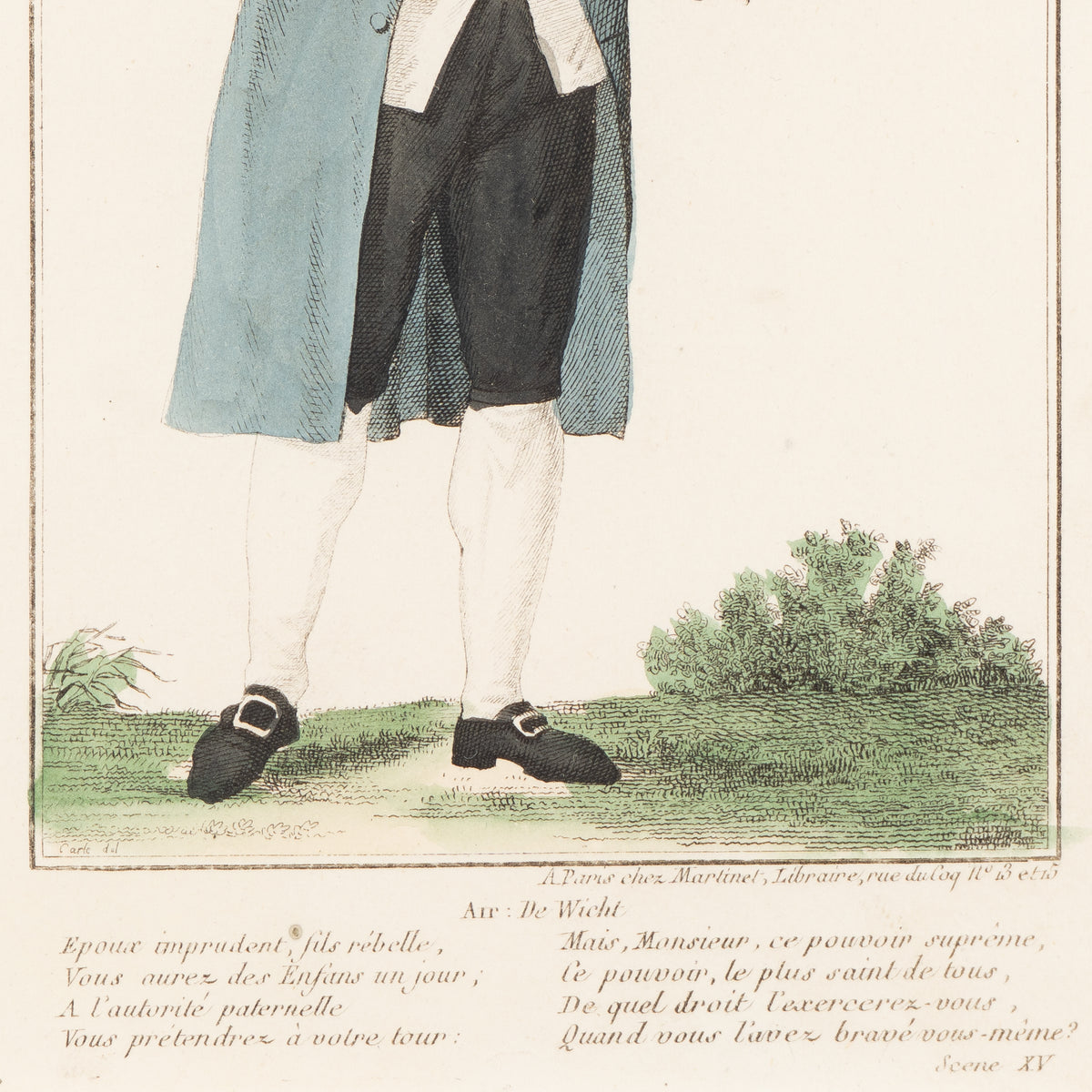 Pair of French hand-colored copperplate theatrical engravings, c. 1800