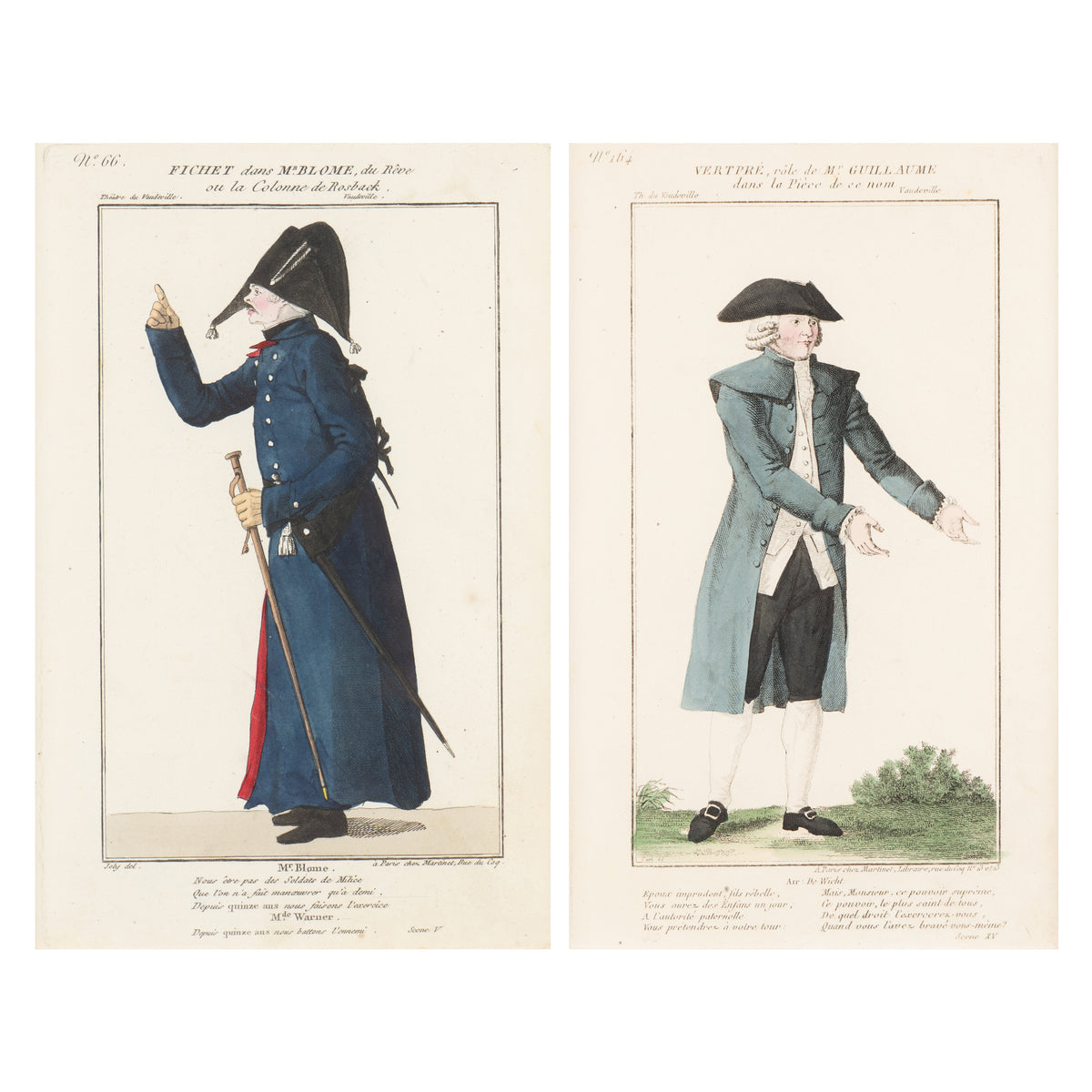 Pair of French hand-colored copperplate theatrical engravings, c. 1800