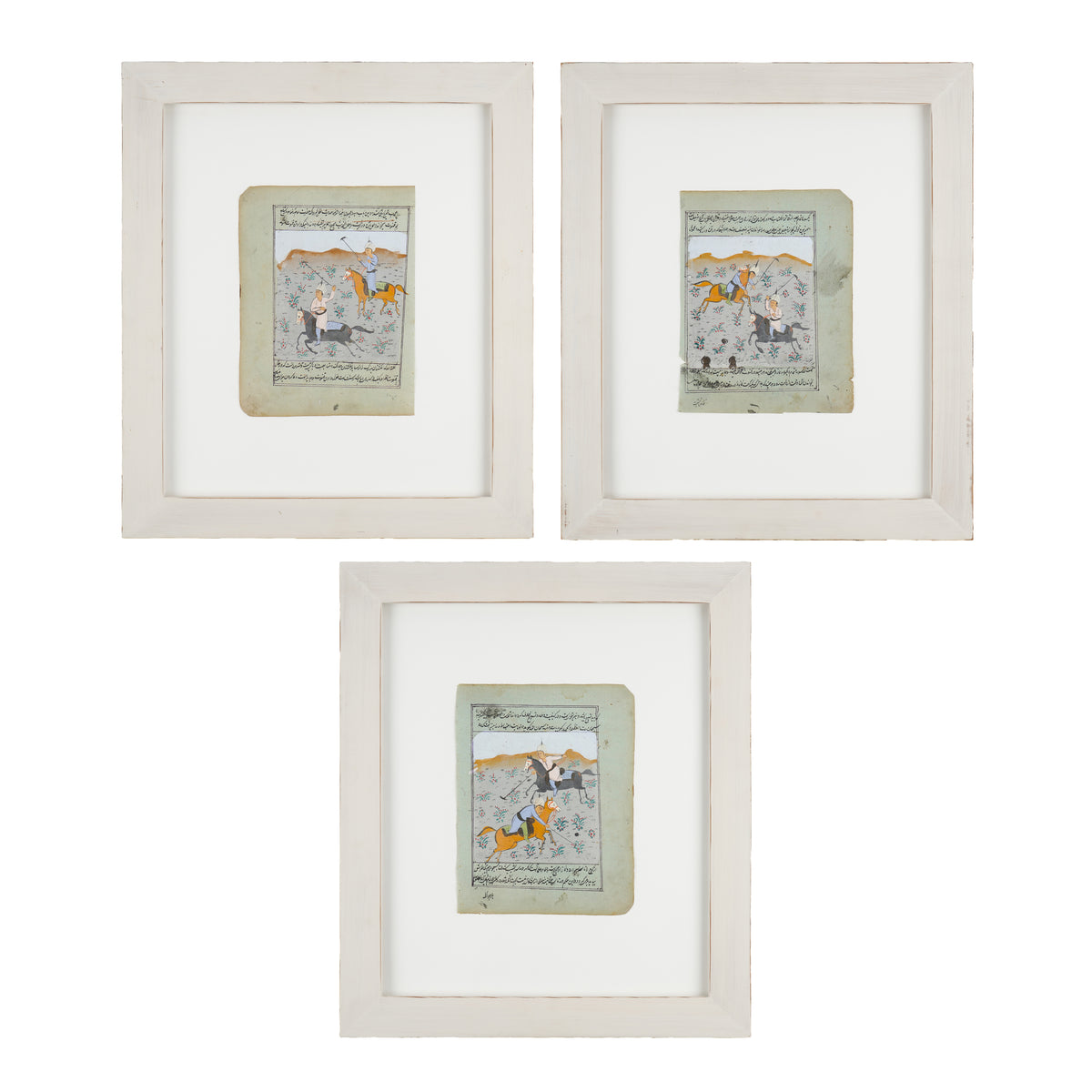 Three Persian gouache paintings on hand laid paper, 1800's