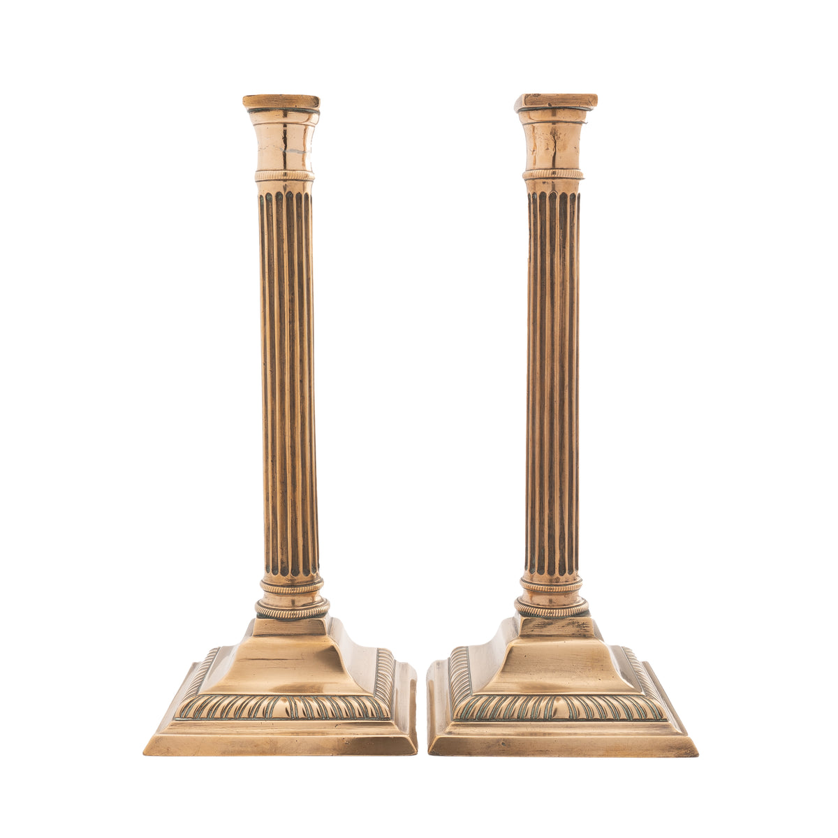 Pair of English cast bell metal candlesticks, 1790