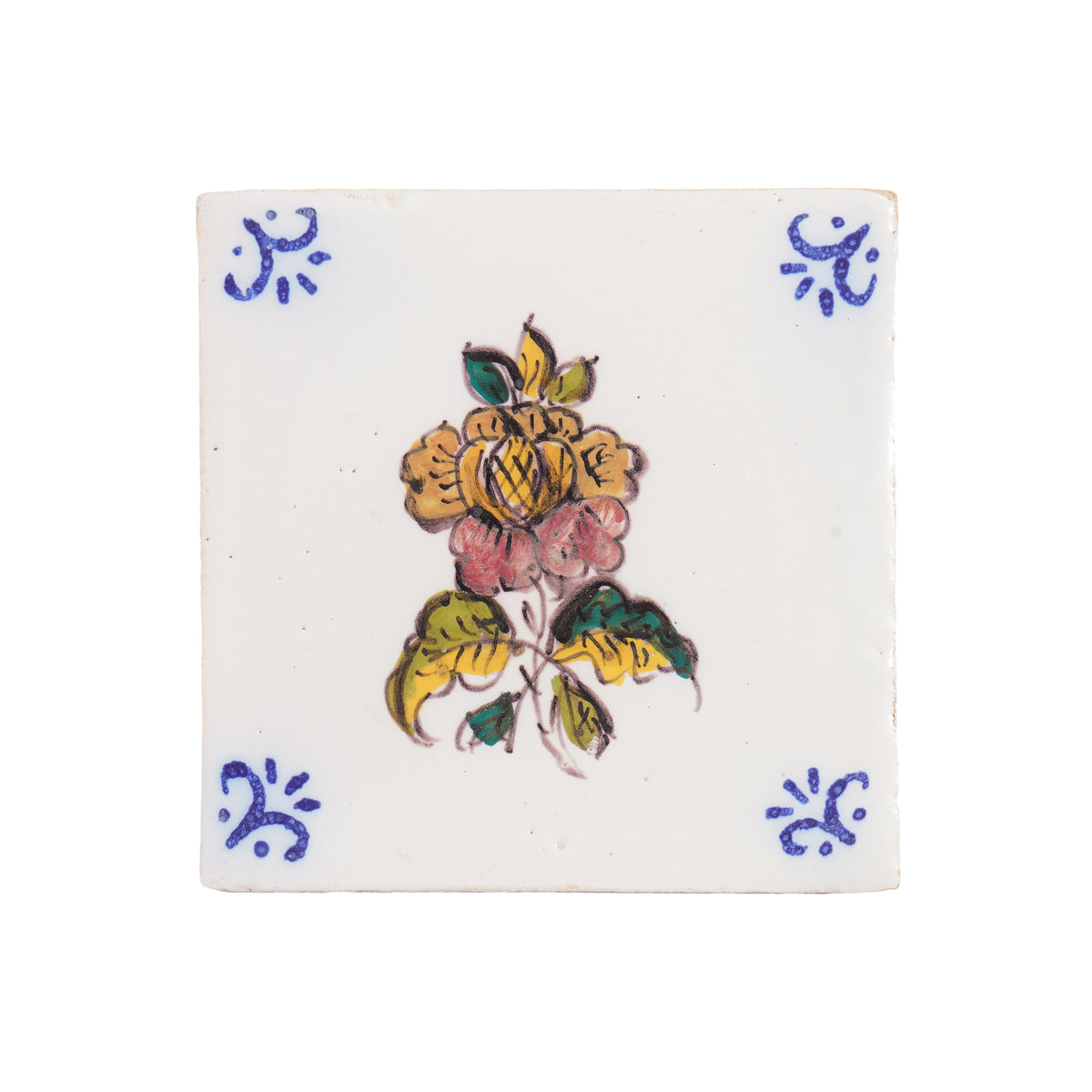 Set of 6 Portuguese hand painted botanical faience tiles in the Dutch taste, 1995