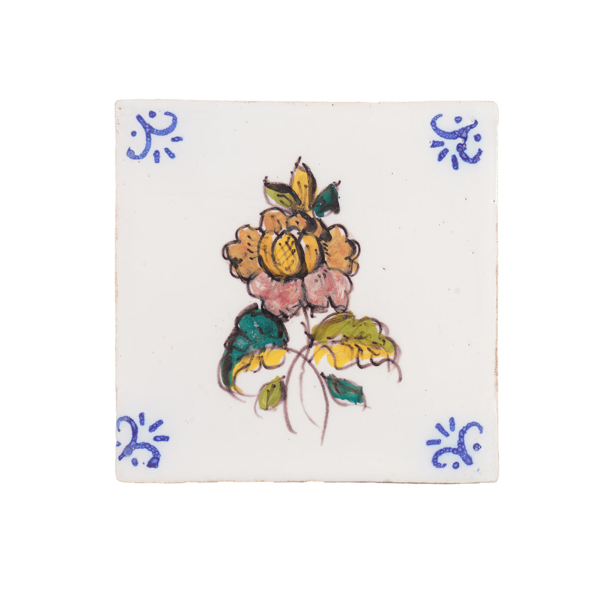 Set of 6 Portuguese hand painted botanical faience tiles in the Dutch taste, 1995