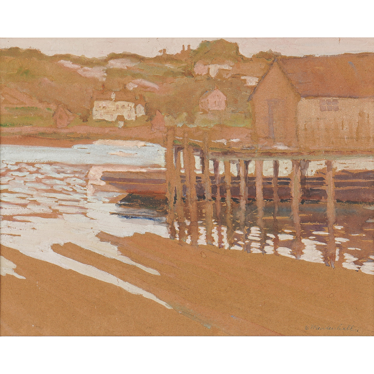 Gouache on paper view of the piers in Rockport, Massachusetts by Emma Mendenhall, c. 1910