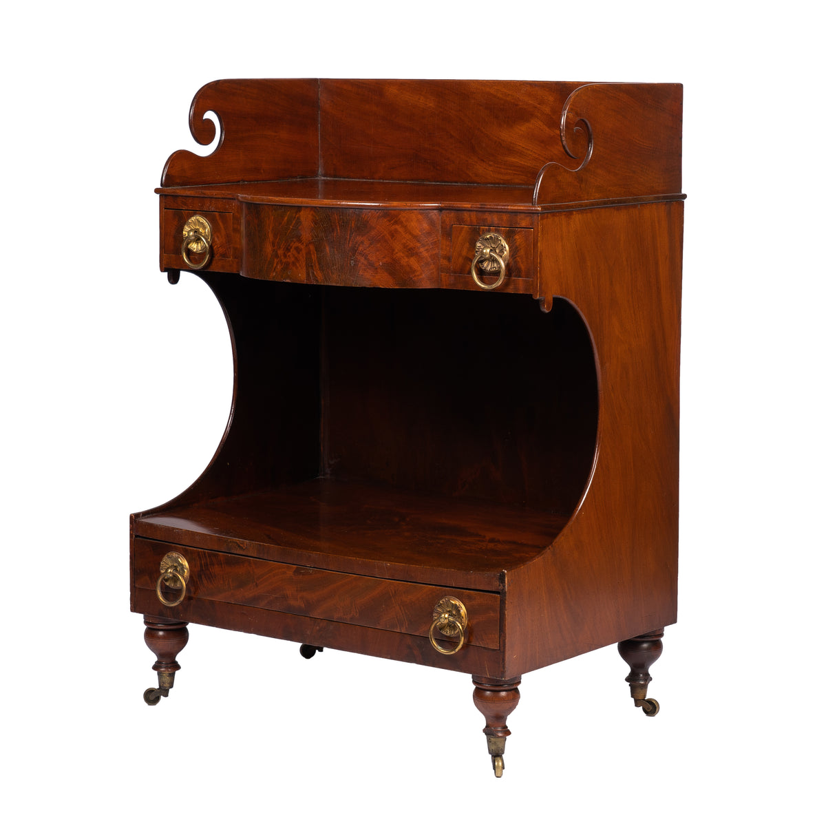 American mahogany demilune dressing stand on brass castors, 1830s