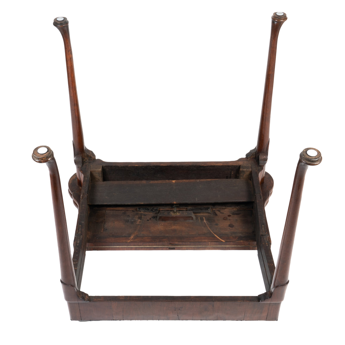 English Queen Anne walnut flip top concertina game table, 1720