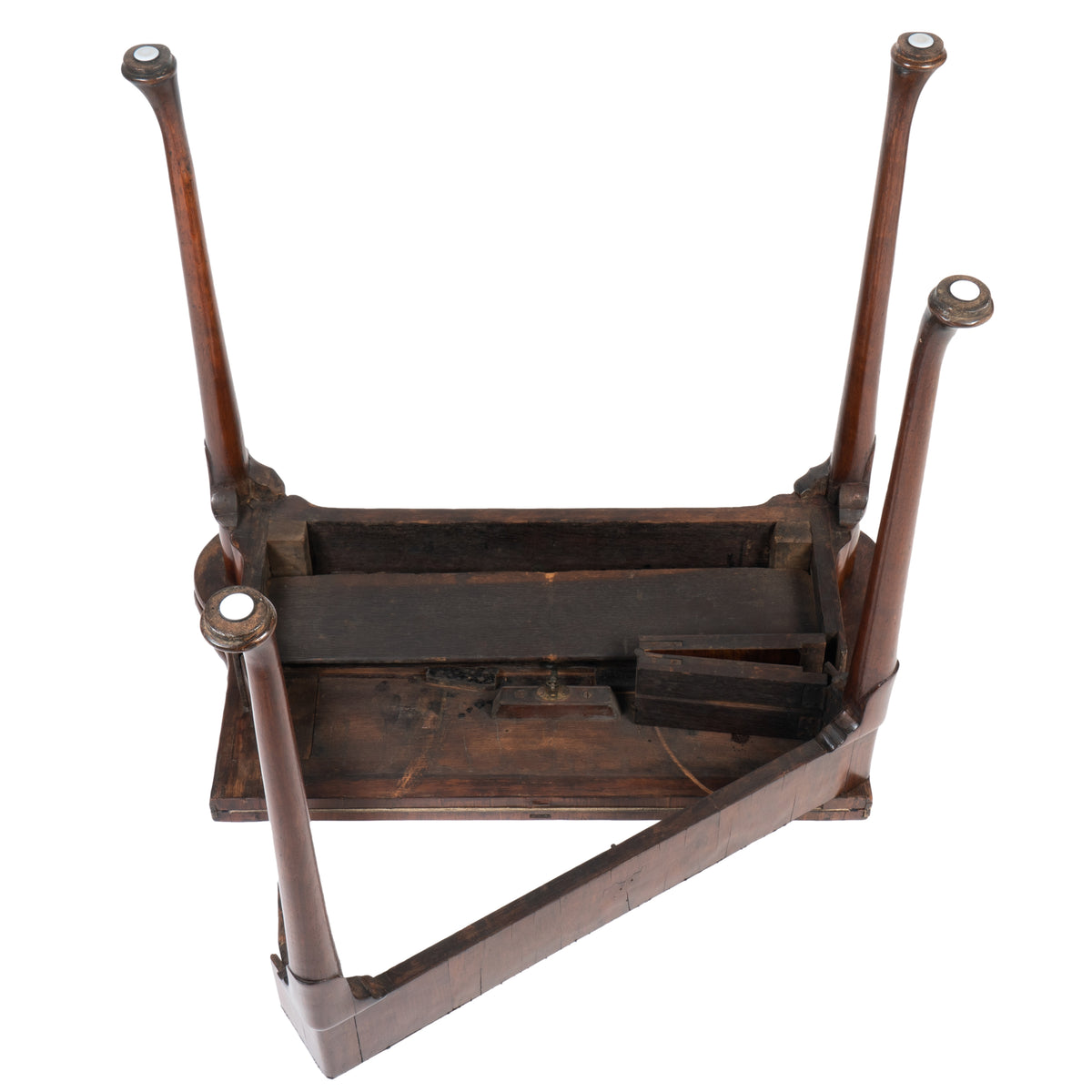 English Queen Anne walnut flip top concertina game table, 1720