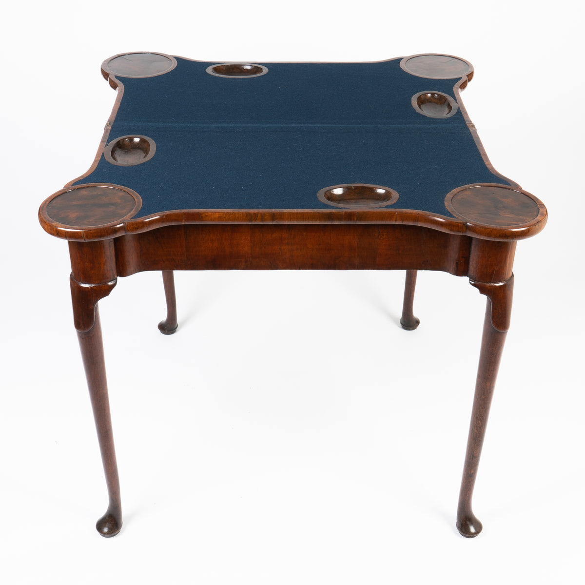 English Queen Anne walnut flip top concertina game table, 1720