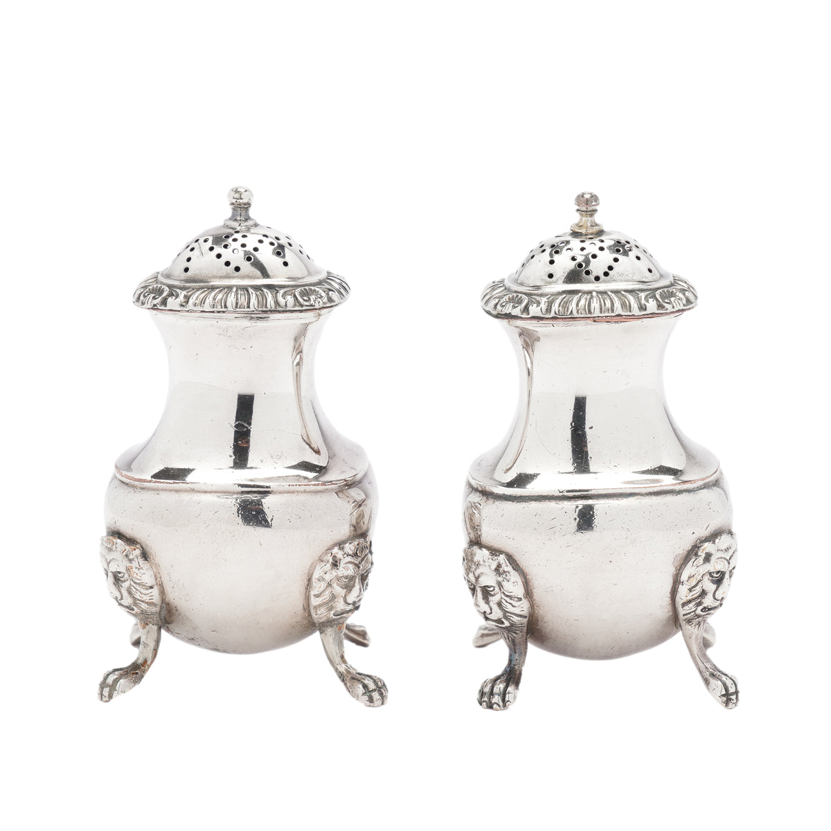 Pair of Barker-Ellis Georgian Revival silverplate pear-shaped pepper castors, c. 1912