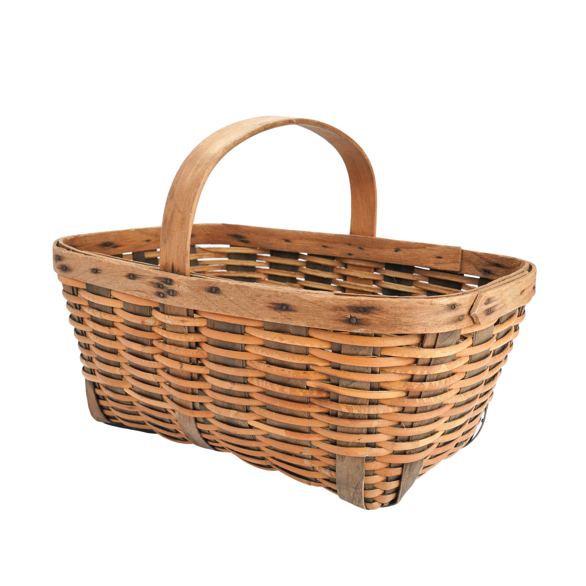 Vintage hand woven fixed handle basket, 1900's