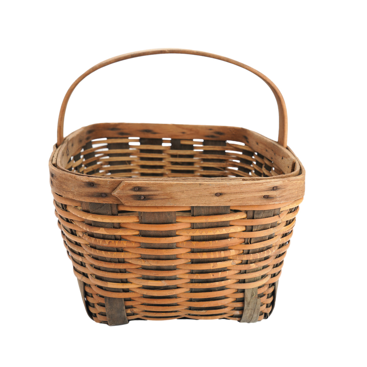 Vintage hand woven fixed handle basket, 1900's