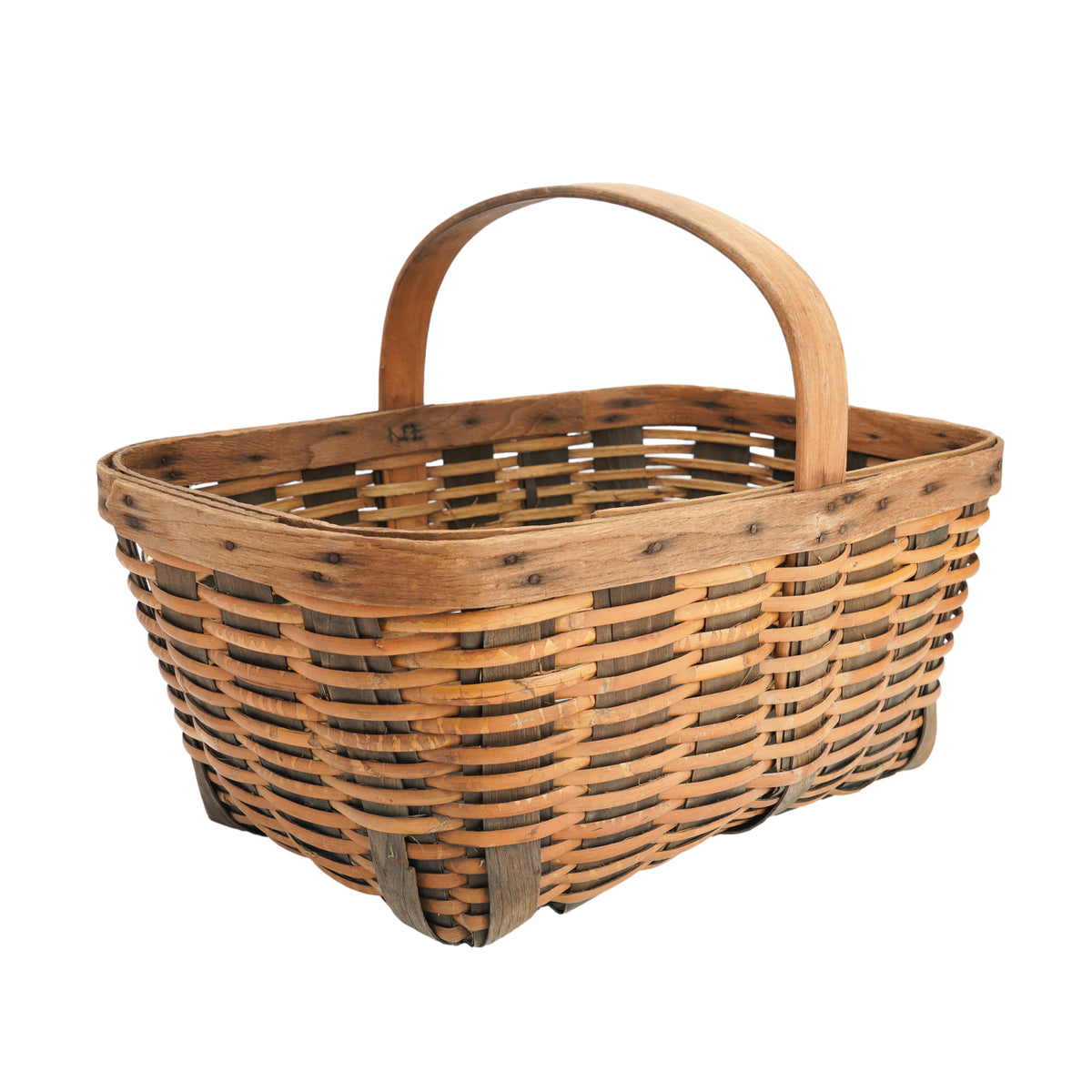 Vintage hand woven fixed handle basket, 1900's