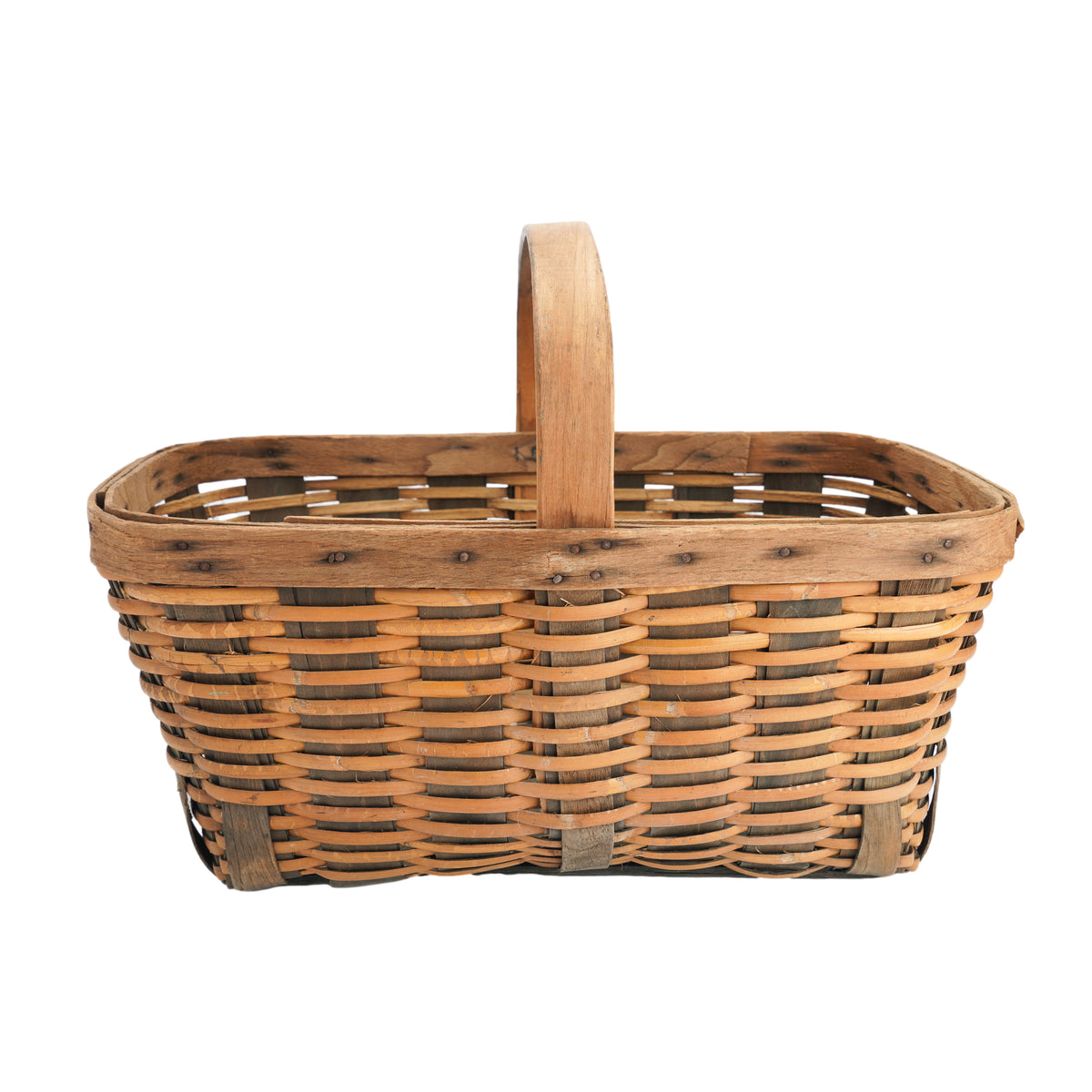 Vintage hand woven fixed handle basket, 1900's