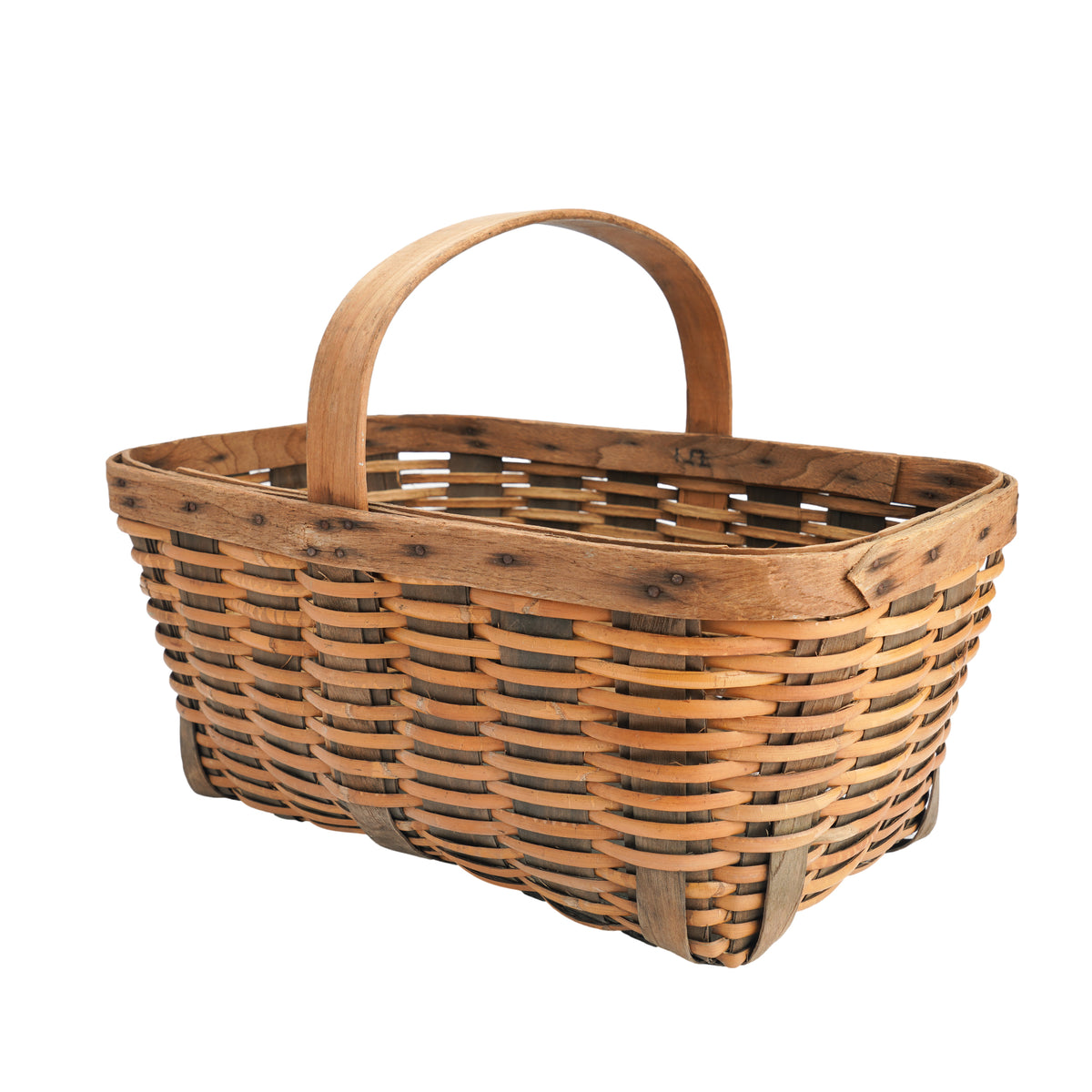 Vintage hand woven fixed handle basket, 1900's