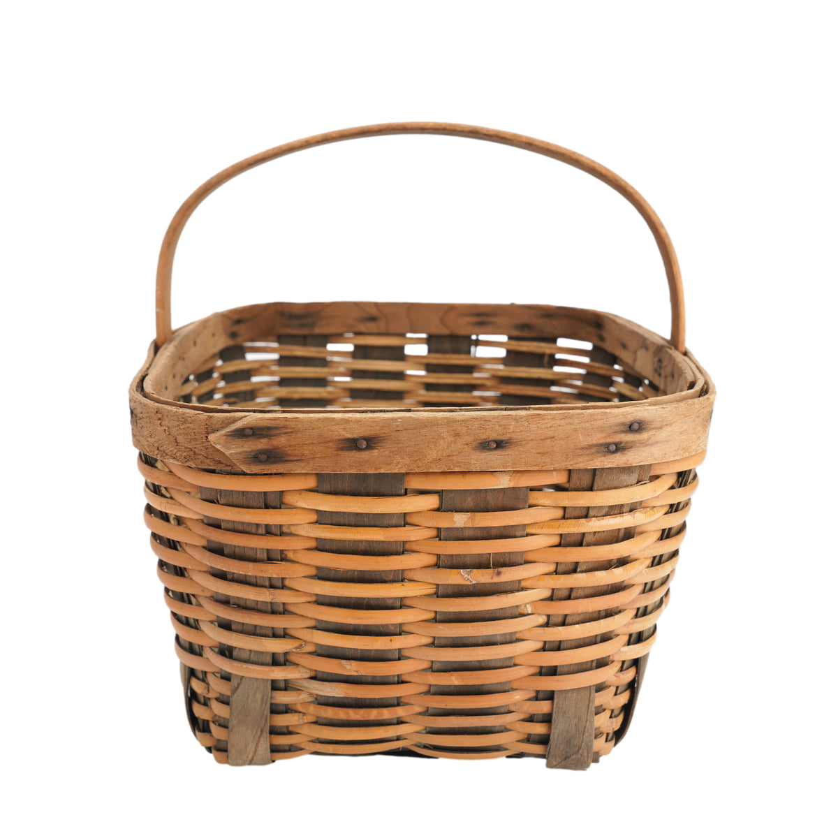 Vintage hand woven fixed handle basket, 1900's