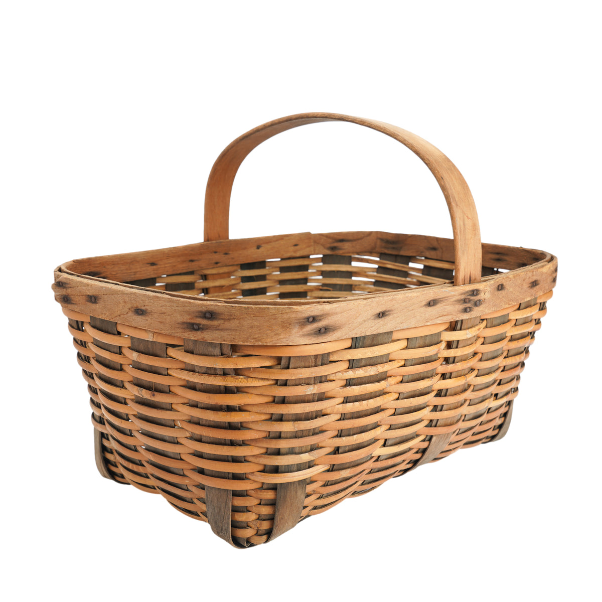 Vintage hand woven fixed handle basket, 1900's