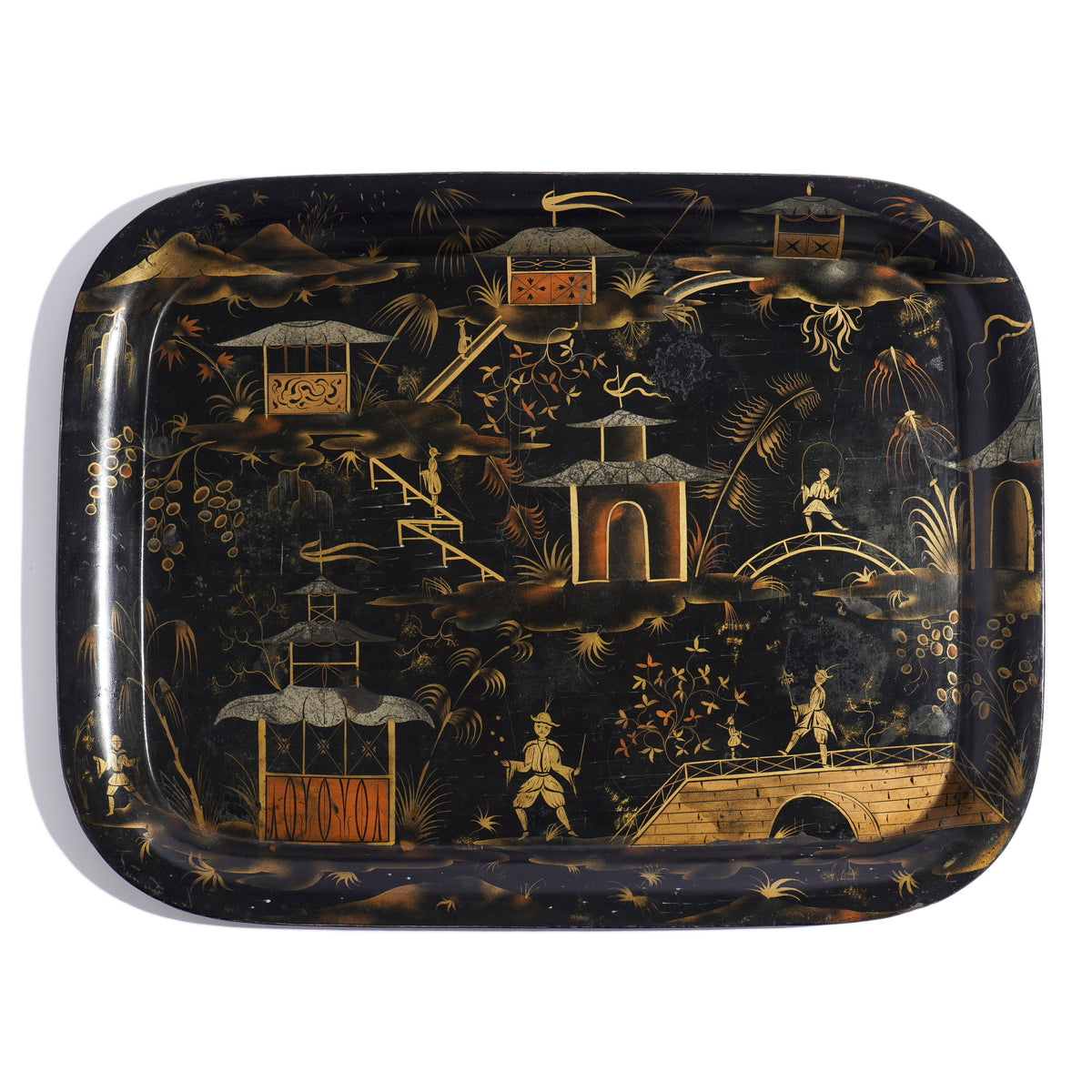 English Chinoiserie rolled rim tole tray, c. 1830