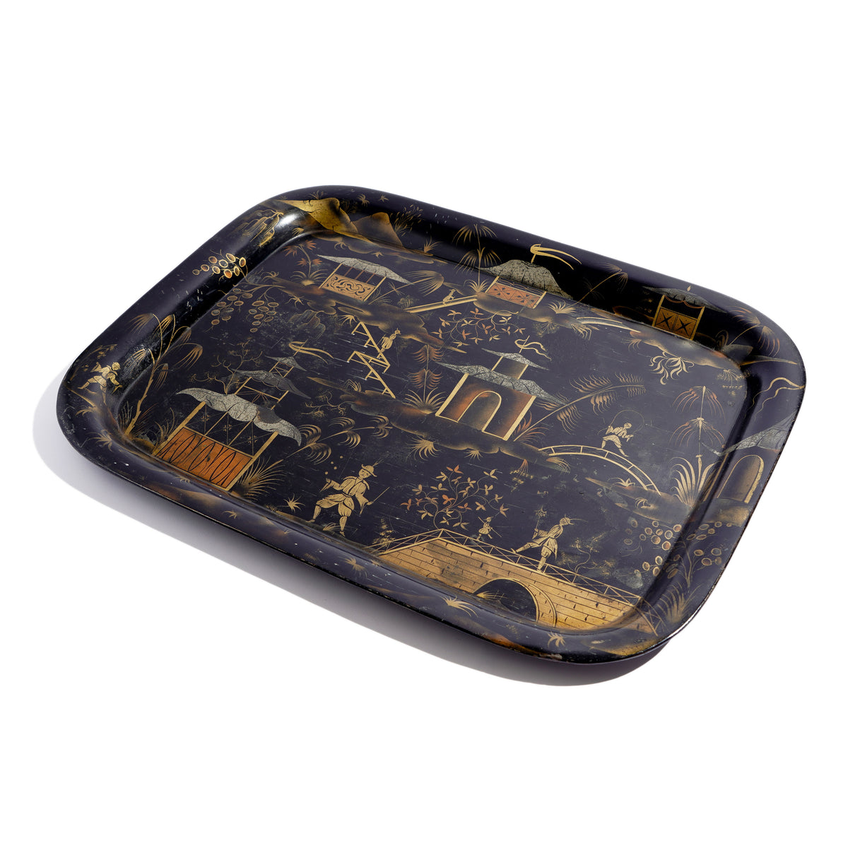 English Chinoiserie rolled rim tole tray, c. 1830