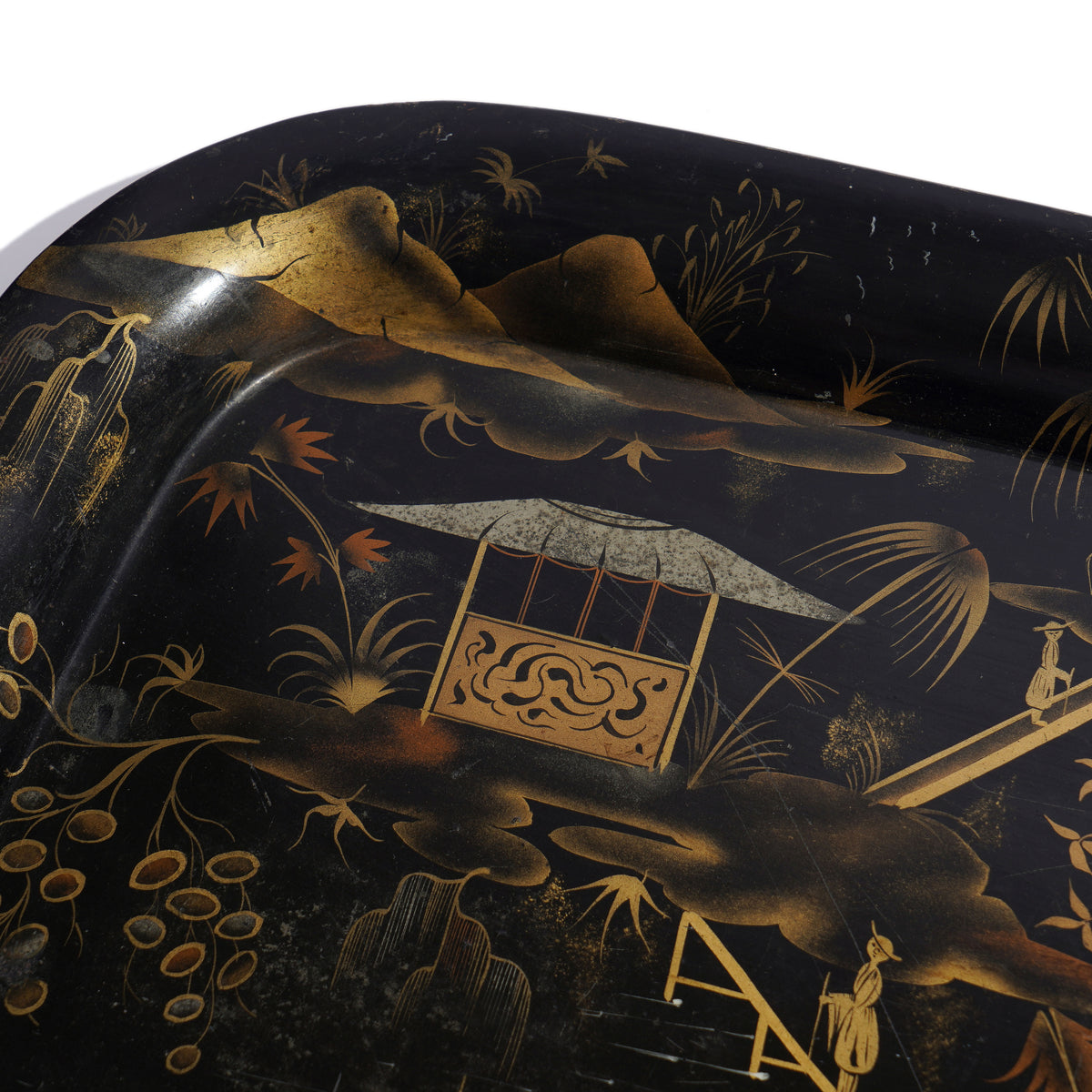 English Chinoiserie rolled rim tole tray, c. 1830