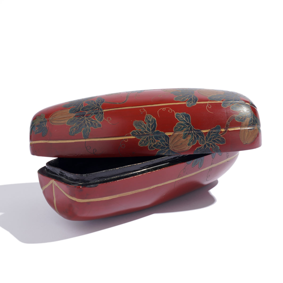 Japanese gourd form Maki-e red lacquered box, 1900-50