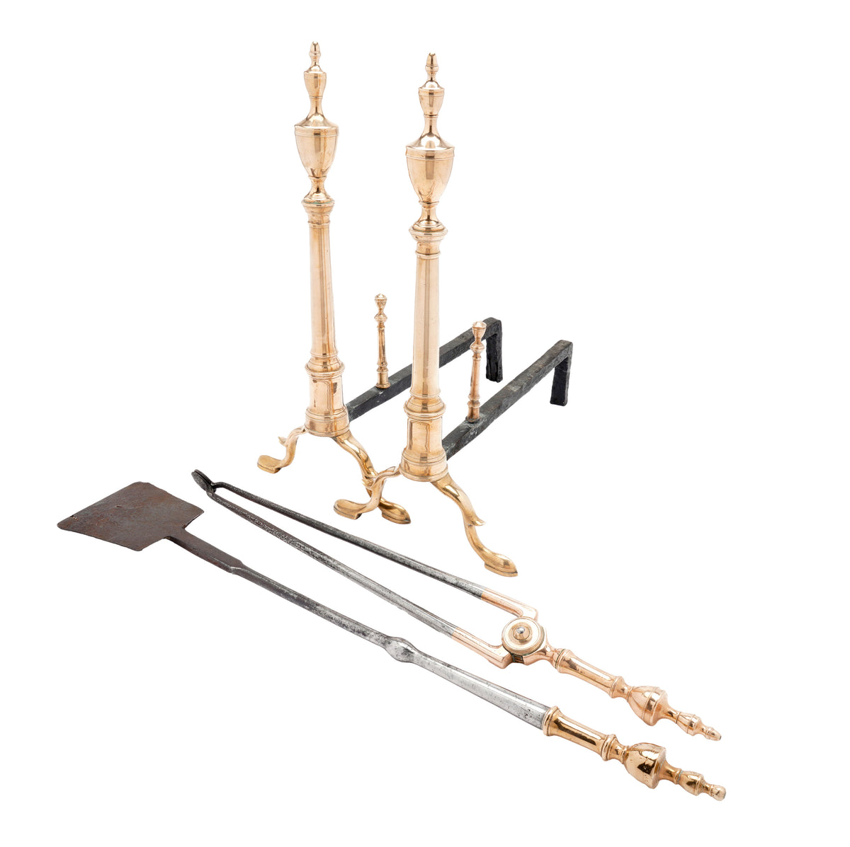 Philadelphia bell metal andirons with paired fire tools, c. 1790