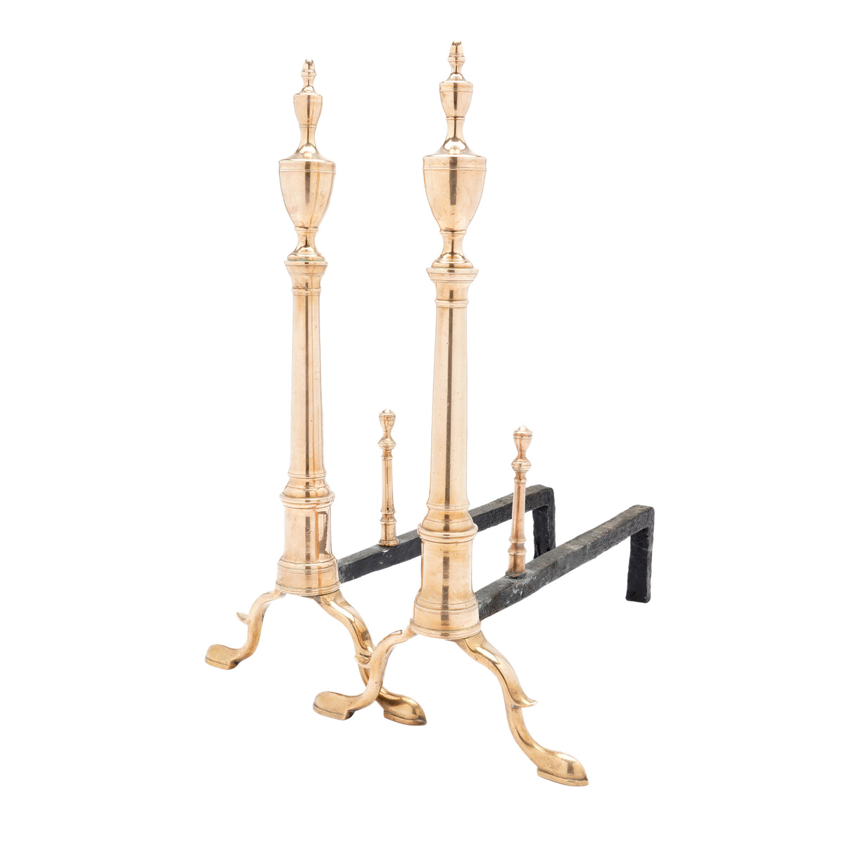 Philadelphia bell metal andirons with paired fire tools, c. 1790