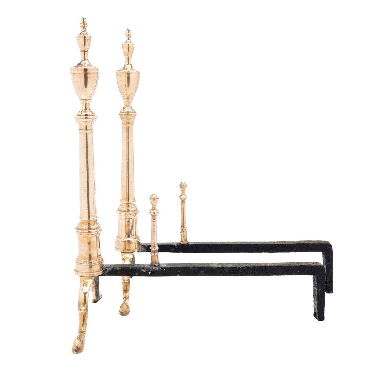 Philadelphia bell metal andirons with paired fire tools, c. 1790