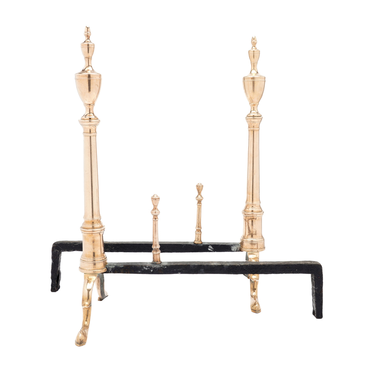 Philadelphia bell metal andirons with paired fire tools, c. 1790