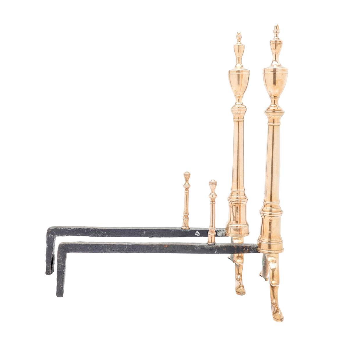 Philadelphia bell metal andirons with paired fire tools, c. 1790