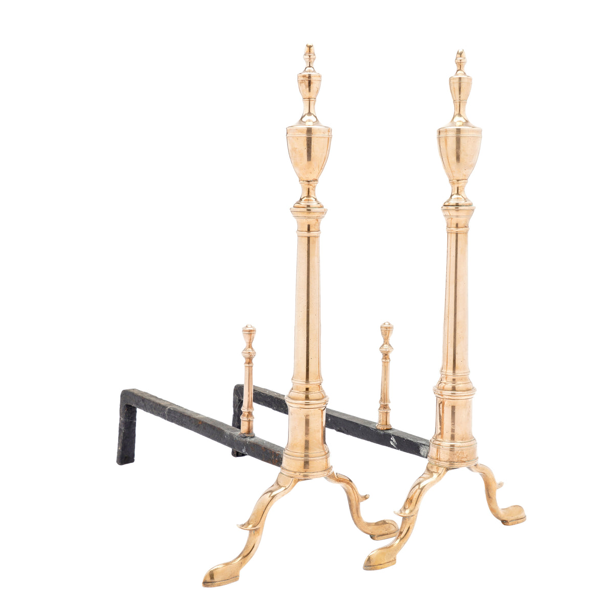 Philadelphia bell metal andirons with paired fire tools, c. 1790