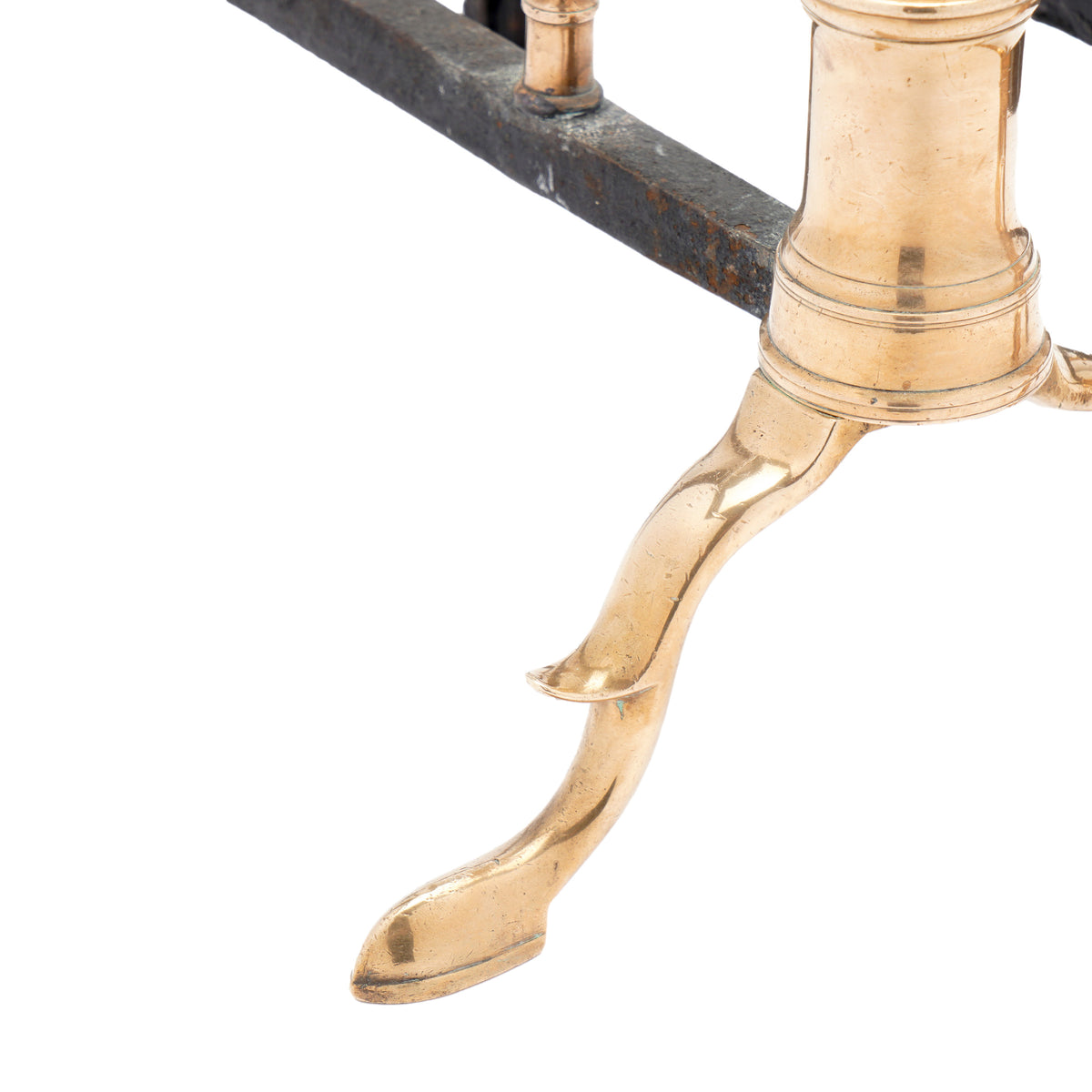 Philadelphia bell metal andirons with paired fire tools, c. 1790
