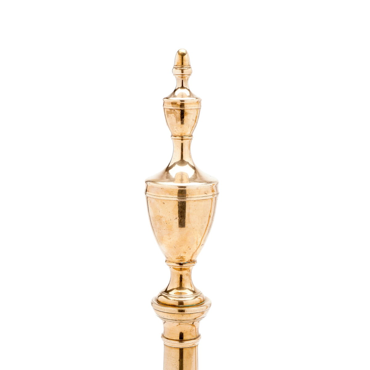 Philadelphia bell metal andirons with paired fire tools, c. 1790
