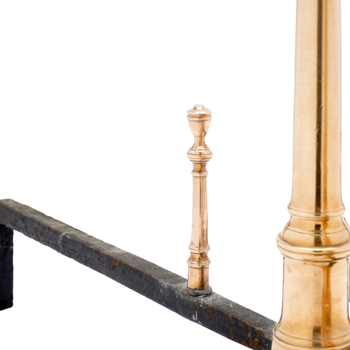 Philadelphia bell metal andirons with paired fire tools, c. 1790