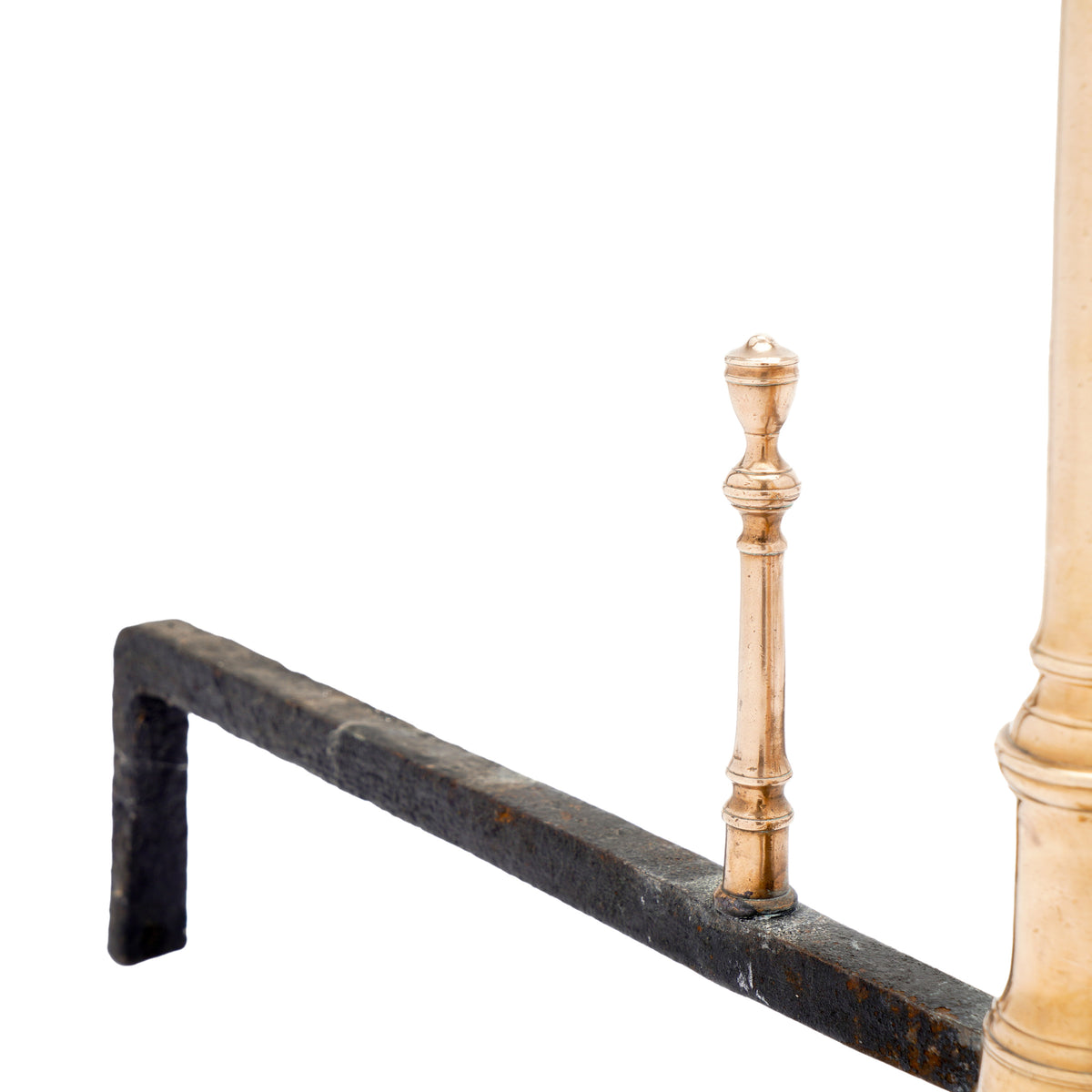 Philadelphia bell metal andirons with paired fire tools, c. 1790