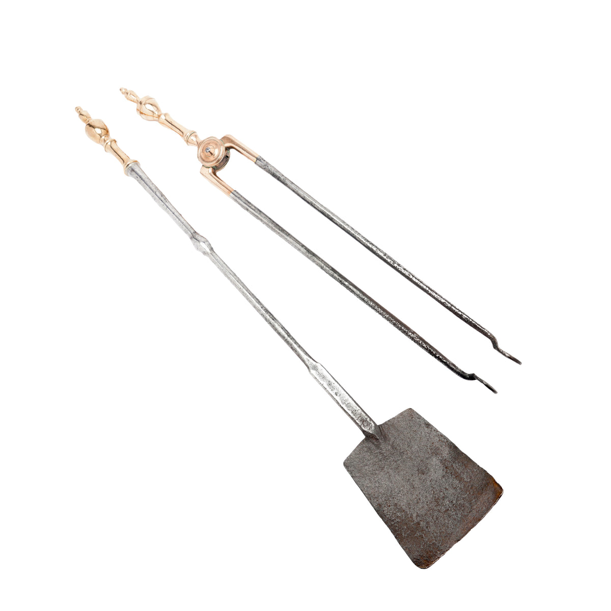Philadelphia bell metal andirons with paired fire tools, c. 1790